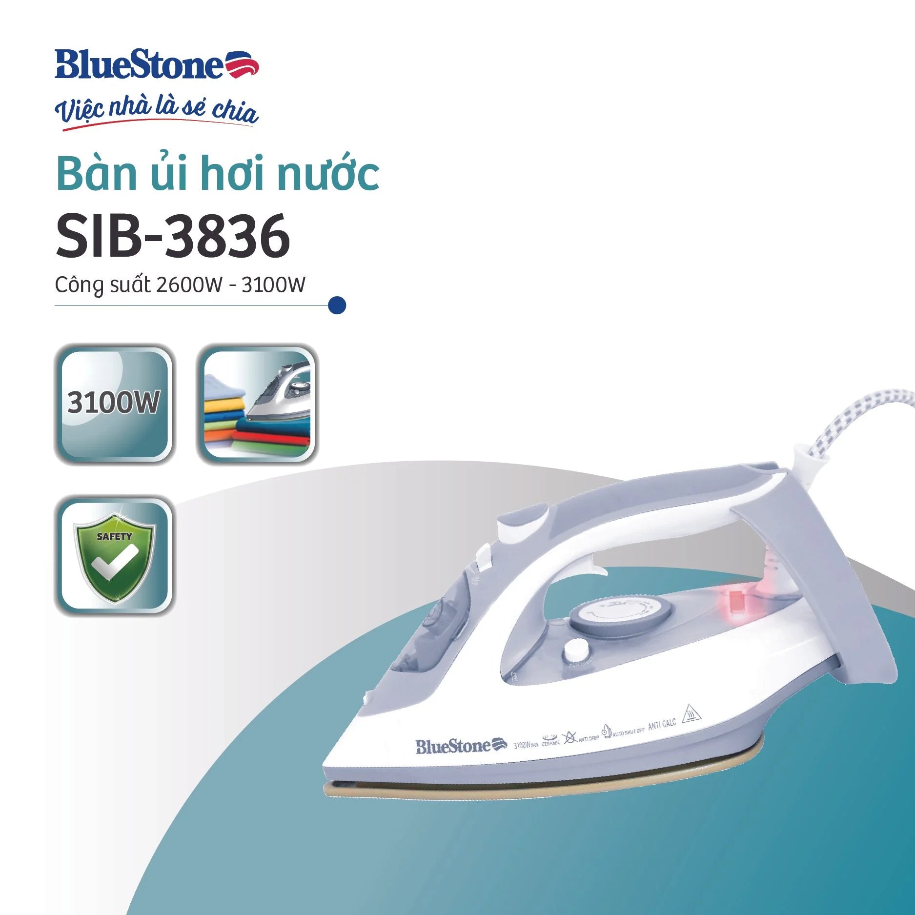 Bàn Ủi Hơi Nước BlueStone SIB-3836 0.32 Lít 2600-3100W Bàn Ủi Hơi Nước BlueStone SIB-3836 0.32 Lít 2600-3100W